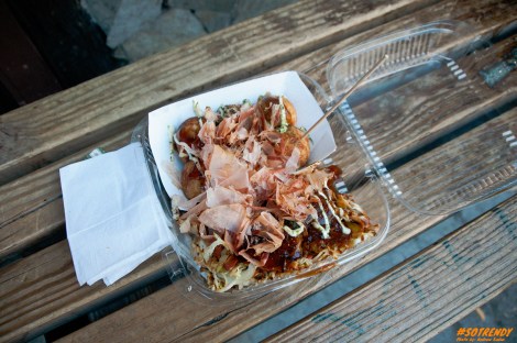 Takoyaki (octopus balls) on top and Okonomiyaki (Japanese pancake) on bottom 